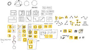 Schizzi di progetto delle icone, dalle prime idee in bianco e nero fino alle forme finali che usano tre colori